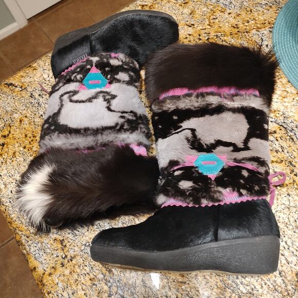 Tecnica Leather Fur Embroidered Boots Mid Calf Multicolor Women's Size US 6.5 - Picture 6 of 15